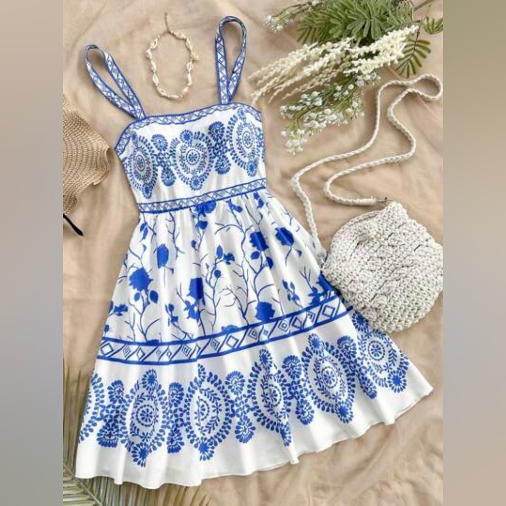 Maxima Blue and White Patterned Mini Dress